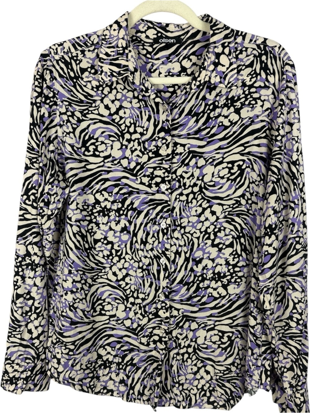Olsen Abstract Animal Print Button Down Blouse Purple Black Cream Long Sleeve